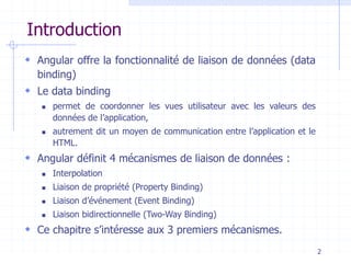 Introduction
 Angular offre la fonctionnalité de liaison de données (data
binding)
 Le data binding
◼ permet de coordonn...