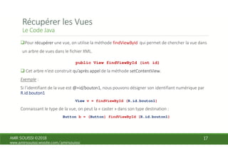 public View findViewById (int id)
View v = findViewById (R.id.bouton1)
Button b = (Button) findViewById (R.id.bouton1)
 