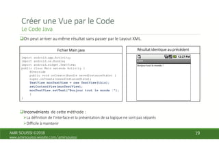 import android.app.Activity;
import android.os.Bundle;
import android.widget.TextView;
public class Main extends Activity {
@Override
public void onCreate(Bundle savedInstanceState) {
super.onCreate(savedInstanceState);
TextView monTextView = new TextView(this);
setContentView(monTextView);
monTextView.setText("Bonjour tout le monde !");
}
}
 