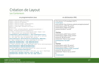 import android.app.Activity;
import android.os.Bundle;
import android.widget.LinearLayout;
import android.widget.TextView;
public class Main extends Activity {
@Override
public void onCreate(Bundle savedInstanceState) {
super.onCreate(savedInstanceState);
// Nous instancions un LinearLayout dans lequel nous
// intégrerons nos différents TextView
LinearLayout monLinearLayout = new LinearLayout(this);
// Nous paramétrons monLinearLayout afin qu’il affiche
// les vues les unes au-dessus des autres
monLinearLayout.setOrientation(LinearLayout.VERTICAL);
// Nous instancions nos deux TextViews à afficher
TextView monTextView1 = new TextView(this);
TextView monTextView2 = new TextView(this);
// Nous ajoutons les deux TextViews dans notre monLinearLayout
monLinearLayout.addView(monTextView1);
monLinearLayout.addView(monTextView2);
// Nous appliquons monLinearLayout sur notre activité
setContentView(monLinearLayout);
// Nous paramétrons un texte à afficher sur nos 2 TextViews
monTextView1.setText("Bonjour tout le monde !");
monTextView2.setText("Ceci est mon 2eme texte");
}
}
 