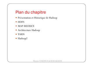 Plan du chapitre
Présentation et Historique de Hadoop
HDFS
MAP-REDUCE
Architecture Hadoop
YARNYARN
Hadoop2
Mouna TORJMEN KHEMAKHEM
 
