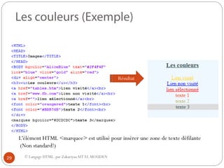 © Langage HTML. par ZakariyaaAIT EL MOUDEN
Résultat
L'élément HTML <marquee> est utilisé pour insérer une zone de texte défilante
(Non standard!)
29
 