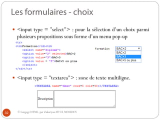 © Langage HTML. par ZakariyaaAIT EL MOUDEN
 <input type = ’’select’’> : pour la sélection d’un choix parmi
plusieurs propositions sous forme d’un menu pop-up
 <input type = ’’textarea’’> : zone de texte multiligne.
32
 