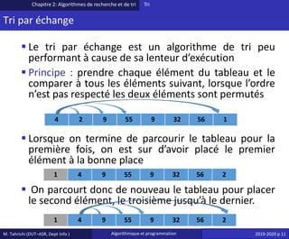 M. Tahrichi (DUT–ASR, Dept Info ) Algorithmique et programmation 2019-2020 p 11
Tri par échange
▪ Le tri par échange est un algorithme de tri peu
performant à cause de sa lenteur d’exécution
▪ Principe : prendre chaque élément du tableau et le
comparer à tous les éléments suivant, lorsque l’ordre
n’est pas respecté les deux éléments sont permutés
▪ Lorsque on termine de parcourir le tableau pour la
première fois, on est sur d’avoir placé le premier
élément à la bonne place
▪ On parcourt donc de nouveau le tableau pour placer
le second élément, le troisième jusqu’à le dernier.
Chapitre 2: Algorithmes de recherche et de tri Tri
4 2 9 55 9 32 56 1
1 4 9 55 9 32 56 2
1 4 9 55 9 32 56 2
 