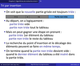 M. Tahrichi (DUT–ASR, Dept Info ) Algorithmique et programmation 2019-2020 p 15
Tri par insertion
▪ On voit que la nouvelle partie grisée est toujours triée :
▪ Au départ, on a logiquement :
partie triée vide
partie non triée tout le tableau
▪ Mais on peut gagner une étape en prenant :
partie triée 1er élément du tableau
partie non triée le reste du tableau
▪ La recherche du point d’insertion et le décalage des
éléments peuvent se faire en même temps.
▪ On termine quand la partie non triée devient vide :
quand le dernier élément du tableau a été inséré dans
la partie triée.
Chapitre 2: Algorithmes de recherche et de tri Tri
<= x x >x Partie non triée
 