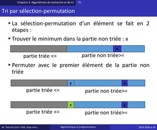 M. Tahrichi (DUT–ASR, Dept Info ) Algorithmique et programmation 2019-2020 p 18
Tri par sélection-permutation
▪ La sélection-permutation d’un élément se fait en 2
étapes :
▪ Trouver le minimum dans la partie non triée : x
▪ Permuter avec le premier élément de la partie non
triée
Chapitre 2: Algorithmes de recherche et de tri Tri
x
y x
partie non triée>=
partie triée <=
partie triée <= partie non triée>=
x y
partie triée <= partie non triée>=
 