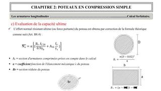 CHAPITRE 2: POTEAUX EN COMPRESSION SIMPLE
 Al = section d'armatures comprimées prises en compte dans le calcul.
 α = coefficient fonction de l'élancement mécanique λ du poteau
 Br = section réduite du poteau
Les armatures longitudinales ………………………………………………….…......................Calcul forfaitaire.
c) Evaluation de la capacité ultime
 L'effort normal résistant ultime (ou force portante) du poteau est obtenu par correction de la formule théorique
comme suit (Art. B8.4) :
Br. fC28 fe
b s
Nu = α (
0.9γ
+ Ath
γ
)
𝐵𝑟 = (𝑎 − 𝟎
𝟎
. 𝟎
𝟎
𝑪
𝑪
)(𝑏 − 𝟎
𝟎
. 𝟎
𝟎
𝑪
𝑪
)
𝑟
𝜋(𝐷 − 0.02)²
𝐵 =
4
 