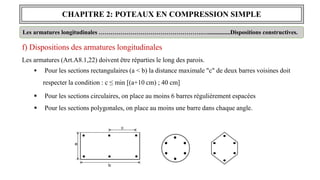 CHAPITRE 2: POTEAUX EN COMPRESSION SIMPLE
Les armatures longitudinales …………………………………………….…...............Dispositions constructives.
f) Dispositions des armatures longitudinales
Les armatures (Art.A8.1,22) doivent être réparties le long des parois.
 Pour les sections rectangulaires (a < b) la distance maximale "c" de deux barres voisines doit
respecter la condition : c ≤ min [(a+10 cm) ; 40 cm]
 Pour les sections circulaires, on place au moins 6 barres régulièrement espacées
 Pour les sections polygonales, on place au moins une barre dans chaque angle.
 