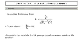 CHAPITRE 2: POTEAUX EN COMPRESSION SIMPLE
Le Coffrage ……………….………………………………..…………….…..............................................................
• La condition de résistance donne
Nu
Br ≥ α′
fc28 +
Ath fe
0.9γb Br γs
• On peut adopter :
Br
Ath
= 1%
•On peut chercher à atteindre 𝜆 = 35 pour que toutes les armatures participent à la
résistance
 