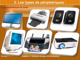 Module : 1 Chapitre 2 : Structure de base d'un ordinateur
b. Les périphériques de sortie :
2. Les types de périphériques :
 