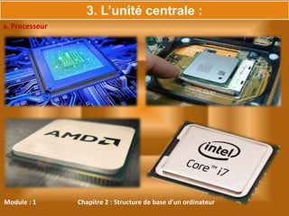 Module : 1 Chapitre 2 : Structure de base d'un ordinateur
a. Processeur
3. L’unité centrale :
 