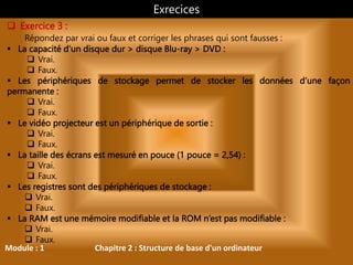 Module : 1 Chapitre 2 : Structure de base d'un ordinateur
 Exercice 3 :
Répondez par vrai ou faux et corriger les phrases qui sont fausses :
 La capacité d’un disque dur > disque Blu-ray > DVD :
 Vrai.
 Faux.
 Les périphériques de stockage permet de stocker les données d’une façon
permanente :
 Vrai.
 Faux.
 Le vidéo projecteur est un périphérique de sortie :
 Vrai.
 Faux.
 La taille des écrans est mesuré en pouce (1 pouce = 2,54) :
 Vrai.
 Faux.
 Les registres sont des périphériques de stockage :
 Vrai.
 Faux.
 La RAM est une mémoire modifiable et la ROM n’est pas modifiable :
 Vrai.
 Faux.
Exrecices
 