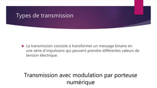 Types de transmission
 La transmission consiste à transformer un message binaire en
une série d’impulsions qui peuvent prendre différentes valeurs de
tension électrique.
Transmission avec modulation par porteuse
numérique
 