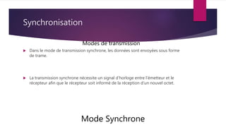 Synchronisation
 Dans le mode de transmission synchrone, les données sont envoyées sous forme
de trame.
 La transmission synchrone nécessite un signal d’horloge entre l’émetteur et le
récepteur afin que le récepteur soit informé de la réception d’un nouvel octet.
Modes de transmission
Mode Synchrone
 