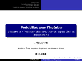 Introduction
Variables aléatoires discrètes
Lois usuelles discrètes
Couple de variables aléatoires, cas discret
Probabilités pour l’ingénieur
Chapitre 2 : Vecteurs aléatoires sur un espace fini ou
dénombrable
I. MEDARHRI
ENSMR, École Nationale Supérieure des Mines de Rabat
2019-2020.
I. MEDARHRI Probabilités pour l’ingénieur, ENSMR
 