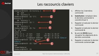 16/11/2019 Red Hat System Administration I (RH124) 17
Les raccourcis claviers
1. Afficher les 2 dernières
commande
2. Substitution: remplacer dans
le dernière commande le
caractère 2 par 1
3. Rappeler et exécuter la dernier
commande
4. Rappeler et exécuter la dernier
commande ls
5. ls suivi de [ESC][.] pour
récupérer les arguments de la
dernière commande
6. Rappeler et exécuter la dernier
commande contenant pw
 