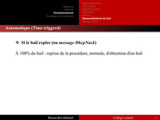 +
Marwa Ben Abdelali
Solution
15
Collège LaSalle
 Si le bail expire (ou message DhcpNack)
À 100% du bail : reprise de la procédure, normale, d'obtention d'un bail
Définition
Objectifs
Fonctionnement
Avantages et inconvénients
DHCPDISCOVER
DHCOFFER
DHCPREQUEST
DHCPACK
Résumé
Renouvellement de bail
Message DHCP
Automatique (Time triggred)
 
