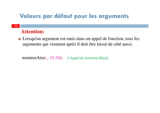Valeurs par défaut pour les arguments
Attention:
Lorsqu'un argument est omis dans un appel de fonction, tous les
arguments qui viennent après il doit être laissé de côté aussi.
montrerAire( , 10.50); // Appel de fonction illégal.
104104
 