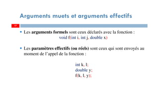 17
Arguments muets et arguments effectifs
Les arguments formels sont ceux déclarés avec la fonction :
void f(int i, int j, double x)
Les paramètres effectifs (ou réels) sont ceux qui sont envoyés au
moment de l’appel de la fonction :
int k, l;
double y;
f(k, l, y);
 