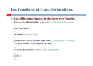 Les fonctions et leurs déclarations
1. Les différentes façons de déclarer une fonction
float nomDeLaFonction(float x, int k, int l) // définition de la fonction
{
bloc d’instructions;
}
int main() // fonction main()
{
float nomDeLaFonction(float x, int k, int l) ; // prototype de la fonction
// ou float nomDeLaFonction(float, int, int) ;
.....
y = nomDeLaFonction(x, n, p) ; // appel de la fonction
.....
return 0;
}
3838
 