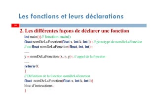 Les fonctions et leurs déclarations
2. Les différentes façons de déclarer une fonction
int main(){// fonction main()
float nomDeLaFonction(float x, int k, int l) ; // prototype de nomDeLaFonction
// ou float nomDeLaFonction(float, int, int) ;
.....
y = nomDeLaFonction (x, n, p) ; // appel de la fonction
.....
return 0;
}
// Définition de la fonction nomDeLaFonction
float nomDeLaFonction(float x, int k, int l){
bloc d’instructions;
}
3939
 
