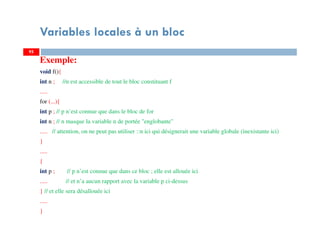 Variables locales à un bloc
Exemple:
void f(){
int n ; //n est accessible de tout le bloc constituant f
.....
for (...){
int p ; // p n’est connue que dans le bloc de for
int n ; // n masque la variable n de portée "englobante"
..... // attention, on ne peut pas utiliser ::n ici qui désignerait une variable globale (inexistante ici)
}
.....
{
int p ; // p n’est connue que dans ce bloc ; elle est allouée ici
..... // et n’a aucun rapport avec la variable p ci-dessus
} // et elle sera désallouée ici
.....
}
9595
 