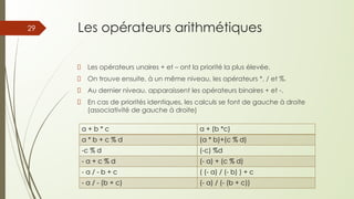 Les opérateurs arithmétiques
Les opérateurs unaires + et – ont la priorité la plus élevée.
On trouve ensuite, à un même niveau, les opérateurs *, / et %.
Au dernier niveau, apparaissent les opérateurs binaires + et -.
En cas de priorités identiques, les calculs se font de gauche à droite
(associativité de gauche à droite)
a + b * c a + (b *c)
a * b + c % d (a * b)+(c % d)
-c % d (-c) %d
- a + c % d (- a) + (c % d)
- a / - b + c ( (- a) / (- b) ) + c
- a / - (b + c) (- a) / (- (b + c))
29
 
