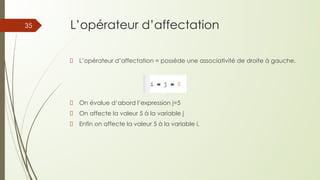 L’opérateur d’affectation
L’opérateur d’affectation = possède une associativité de droite à gauche.
On évalue d’abord l’expression j=5
On affecte la valeur 5 à la variable j
Enfin on affecte la valeur 5 à la variable i.
35
 