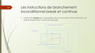 Les instructions de branchement
inconditionnel break et continue
L'instruction break peut apparaître dans une boucle. C'est l'instruction qui
aide le programme à sortir de la boucle.
63
 
