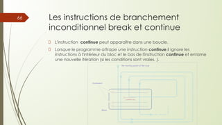 Les instructions de branchement
inconditionnel break et continue
L'instruction continue peut apparaître dans une boucle.
Lorsque le programme attrape une instruction continue,il ignore les
instructions à l'intérieur du bloc et le bas de l'instruction continue et entame
une nouvelle itération (si les conditions sont vraies. ).
66
 