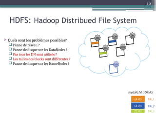 10
HDFS: Hadoop Distribued File System
 Quels sont les problèmes possibles?
 Panne de réseau ?
 Panne de disque sur les DataNodes ?
 Pas tous les DN sont utilisés ?
 Les tailles des blocks sont différentes ?
 Panne de disque sur les NameNodes ?
 