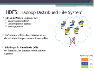12
HDFS: Hadoop Distribued File System
 Si le NameNode a un problème :
 Données inaccessibles?
 Données perdues à jamais
 Pas de problème
 Si c’est un problème d’accès (réseau), les
données sont temporairement inaccessibles
 Si le disque du NameNode (NN)
est défaillant, les données seront perdues
à jamais
 
