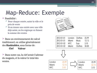 16
Map-Reduce: Exemple
 Possibilité :
 Pour chaque entrée, saisir la ville et le
prix de vente
 Si on trouve une entrée avec une ville
déjà saisie, on les regroupe en faisant
la somme des ventes
 Dans un environnement de calcul
traditionnel, on utilise généralement
des Hashtables, sous forme de:
Clef Valeur
 Dans notre cas, la clef serait l’adresse
du magasin, et la valeur le total des
ventes.
 
