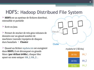 8
HDFS: Hadoop Distribued File System
 HDFS est un système de fichiers distribué,
extensible et portable
 Ecrit en Java
 Permet de stocker de très gros volumes de
données sur un grand nombre de
machines (noeuds) équipées de disques
durs banalisés  Cluster
 Quand un fichier mydata.txt est enregistré
dans HDFS, il est décomposé en grands
blocs (par défaut 64Mo), chaque bloc
ayant un nom unique: blk_1, blk_2…
 