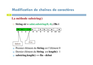 24
La méthode substring()
String str = salut.substring(0, 4); //Be i
Premier élément du String est l’élément 0
Dernier élément du String est length()- 1
substring.length() == fin - debut
B e i n t h i s w
0 1 2 3 4 5 6 7 8 9 10 11
debut
Fin
24
Modification de chaînes de caractères
 