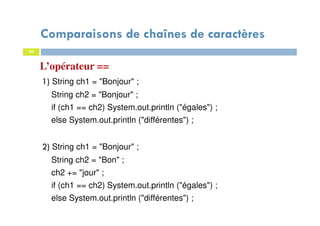 50
L’opérateur ==
1) String ch1 = "Bonjour" ;
String ch2 = "Bonjour" ;
if (ch1 == ch2) System.out.println ("égales") ;
else System.out.println ("différentes") ;
2) String ch1 = "Bonjour" ;
String ch2 = "Bon" ;
ch2 += "jour" ;
if (ch1 == ch2) System.out.println ("égales") ;
else System.out.println ("différentes") ;
Comparaisons de chaînes de caractères
50
 