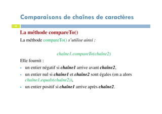 La méthode compareTo()
La méthode compareTo() s’utilise ainsi :
chaîne1.compareTo(chaîne2)
Elle fournit :
un entier négatif si chaîne1 arrive avant chaîne2,
un entier nul si chaîne1 et chaîne2 sont égales (on a alors
chaîne1.equals(chaîne2)),
un entier positif si chaîne1 arrive après chaîne2.
53
Comparaisons de chaînes de caractères
53
 
