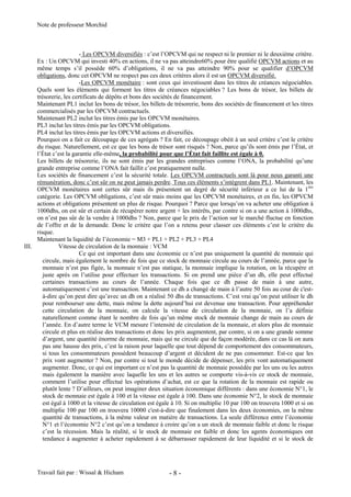 Note de professeur Morchid
Travail fait par : Wissal & Hicham - 8 -
- Les OPCVM diversifiés : c’est l’OPCVM qui ne respect ni le premier ni le deuxième critère.
Ex : Un OPCVM qui investi 40% en actions, il ne va pas atteindre60% pour être qualifié OPCVM actions et au
même temps s’il possède 60% d’obligations, il ne va pas atteindre 90% pour se qualifier d’OPCVM
obligations, donc cet OPCVM ne respect pas ces deux critères alors il est un OPCVM diversifié.
-Les OPCVM monétaire : sont ceux qui investissent dans les titres de créances négociables.
Quels sont les éléments qui forment les titres de créances négociables ? Les bons de trésor, les billets de
trésorerie, les certificats de dépôts et bons des sociétés de financement.
Maintenant PL1 inclut les bons de trésor, les billets de trésorerie, bons des sociétés de financement et les titres
commercialisés par les OPCVM contractuels.
Maintenant PL2 inclut les titres émis par les OPCVM monétaires.
PL3 inclut les titres émis par les OPCVM obligations.
PL4 inclut les titres émis par les OPCVM actions et diversifiés.
Pourquoi on a fait ce découpage de ces agrégats ? En fait, ce découpage obéit à un seul critère c’est le critère
du risque. Naturellement, est ce que les bons de trésor sont risqués ? Non, parce qu’ils sont émis par l’État, et
l’État c’est la garantie elle-même, la probabilité pour que l’État fait faillite est égale à 0.
Les billets de trésorerie, ils ne sont émis par les grandes entreprises comme l’ONA, la probabilité qu’une
grande entreprise comme l’ONA fait faillit c’est pratiquement nulle.
Les sociétés de financement c’est la sécurité totale. Les OPCVM contractuels sont là pour nous garanti une
rémunération, donc c’est sûr on ne peut jamais perdre. Tous ces éléments s’intègrent dans PL1. Maintenant, les
OPCVM monétaires sont certes sûr mais ils présentent un degré de sécurité inférieur a ce lui de la 1ère
catégorie. Les OPCVM obligations, c’est sûr mais moins que les OPCVM monétaires, et en fin, les OPVCM
actions et obligations présentent un plus de risque. Pourquoi ? Parce que lorsqu’on va acheter une obligation à
1000dhs, on est sûr et certain de récupérer notre argent + les intérêts, par contre si on a une action à 1000dhs,
on n’est pas sûr de la vendre à 1000dhs ? Non, parce que le prix de l’action sur le marché fluctue en fonction
de l’offre et de la demande. Donc le critère que l’on a retenu pour classer ces éléments c’est le critère du
risque.
Maintenant la liquidité de l’économie = M3 + PL1 + PL2 + PL3 + PL4
III. Vitesse de circulation de la monnaie : VCM
Ce qui est important dans une économie ce n’est pas uniquement la quantité de monnaie qui
circule, mais également le nombre de fois que ce stock de monnaie circule au cours de l’année, parce que la
monnaie n’est pas figée, la monnaie n’est pas statique, la monnaie implique la rotation, on la récupère et
juste après on l’utilise pour effectuer les transactions. Si on prend une pièce d’un dh, elle peut effectué
certaines transactions au cours de l’année. Chaque fois que ce dh passe de main à une autre,
automatiquement c’est une transaction. Maintenant ce dh a changé de main à l’autre 50 fois au cour de c'est-
à-dire qu’on peut dire qu’avec un dh on a réalisé 50 dhs de transactions. C’est vrai qu’on peut utiliser le dh
pour rembourser une dette, mais même la dette aujourd’hui est devenue une transaction. Pour appréhender
cette circulation de la monnaie, on calcule la vitesse de circulation de la monnaie, on l’a définie
naturellement comme étant le nombre de fois qu’un même stock de monnaie change de main au cours de
l’année. En d’autre terme le VCM mesure l’intensité de circulation de la monnaie, et alors plus de monnaie
circule et plus en réalise des transactions et donc les prix augmentent, par contre, si on a une grande somme
d’argent, une quantité énorme de monnaie, mais qui ne circule que de façon modérée, dans ce cas là on aura
pas une hausse des prix, c’est la raison pour laquelle que tout dépend de comportement des consommateurs,
si tous les consommateurs possèdent beaucoup d’argent et décident de ne pas consommer. Est-ce que les
prix vont augmenter ? Non, par contre si tout le monde décide de dépenser, les prix vont automatiquement
augmenter. Donc, ce qui est important ce n’est pas la quantité de monnaie possédée par les uns ou les autres
mais également la manière avec laquelle les uns et les autres se comporte vis-à-vis ce stock de monnaie,
comment l’utilise pour effectué les opérations d’achat, est ce que la rotation de la monnaie est rapide ou
plutôt lente ? D’ailleurs, on peut imaginer deux situation économique différents : dans une économie N°1, le
stock de monnaie est égale à 100 et la vitesse est égale à 100. Dans une économie N°2, le stock de monnaie
est égal à 1000 et la vitesse de circulation est égale à 10. Si on multiplie 10 par 100 on trouvera 1000 et si on
multiplie 100 par 100 on trouvera 10000 c'est-à-dire que finalement dans les deux économies, on la même
quantité de transactions, à la même valeur en matière de transactions. La seule différence entre l’économie
N°1 et l’économie N°2 c’est qu’on a tendance à croire qu’on a un stock de monnaie faible et donc le risque
c’est la récession. Mais la réalité, si le stock de monnaie est faible et donc les agents économiques ont
tendance à augmenter à acheter rapidement à se débarrasser rapidement de leur liquidité et si le stock de
 