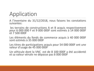 Application
A l’inventaire du 31/12/2018, nous faisons les constations
suivantes:
les terrains de constructions A et B acquis respectivement
pour 6 000 000 F et 9 000 000F sont estimés à 14 000 000F
et 7 500 000F
Les éléments du fonds de commerce acquis à 40 000 000F
sont estimés à 35 000 000F
Les titres de participations acquis pour 54 000 000F ont une
valeur d’usage de 45 000 000F
Un véhicule dont la VNC est de 8 100 000F a été accidenté
et sa valeur vénale ne dépasse pas 6 000 000F
 