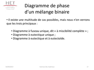 Campus centre
                  Diagramme de phase
                  d’un mélange binaire
 • Il existe une multitude de cas possibles, mais nous n'en verrons
 que les trois principaux :

        • Diagramme à fuseau unique, dit « à miscibilité complète » ;
        • Diagramme à eutectique unique ;
        • Diagramme à eutectique et à eutectoïde.




02/04/2013                    Sciences des matériaux               17
 