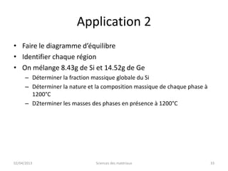 Application 2
• Faire le diagramme d’équilibre
• Identifier chaque région
• On mélange 8.43g de Si et 14.52g de Ge
      – Déterminer la fraction massique globale du Si
      – Déterminer la nature et la composition massique de chaque phase à
        1200°C
      – D2terminer les masses des phases en présence à 1200°C




02/04/2013                      Sciences des matériaux                      33
 