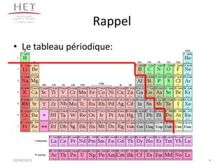 Campus centre
                   Rappel
• Le tableau périodique:




02/04/2013                  4
 