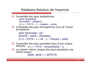 113
Relations-Solution de l’exercice
 l’ensemble des pays anglophones
 l’ensemble des pays francophones hors de l’Union
Européenne
 l’ensemble des pays possédant plus d’une langue
officielle
 La relation même_langue des pays possédant une
même langue
 