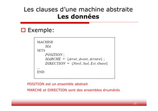 21
Les clauses d’une machine abstraite
Les données
 Exemple:
POSITION est un ensemble abstrait
MARCHE et DIRECTION sont des ensembles énumérés
 