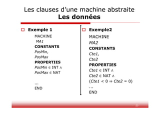 23
Les clauses d’une machine abstraite
Les données
 Exemple 1
MACHINE
MA1
CONSTANTS
PosMin,
PosMax
PROPERTIES
PosMin INT
PosMax NAT
...
END
 Exemple2
MACHINE
MA2
CONSTANTS
Cte1,
Cte2
PROPERTIES
Cte1 INT
Cte2 NAT
(Cte1 < 0 Cte2 = 0)
...
END
 