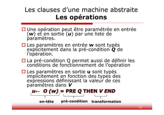35
 Une opération peut être paramétrée en entrée
(w) et en sortie (u) par une liste de
paramètres.
 Les paramètres en entrée w sont typés
explicitement dans la pré-condition Q de
l’opération.
 La pré-condition Q permet aussi de définir les
conditions de fonctionnement de l’opération
 Les paramètres en sortie u sont typés
implicitement en fonction des types des
expressions définissant la valeur de ces
paramètres dans V
Les clauses d’une machine abstraite
Les opérations
u← O (w) = PRE Q THEN V END
en-tête pré-condition transformation
 
