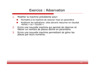 42
Exercice : Réservation
1. Modifier la machine précédente pour:
 Permettre à la machine de recevoir maxi en paramètre
 Améliorer les opérations: elles doivent retourner en résultat
«échec » ou « succès ».
2. Ecrire une nouvelle machine qui permet de réserver et
libérer un nombre de places donné en paramètre.
3. Ecrire une nouvelle machine permettant de gérer les
places par leurs numéros.
 