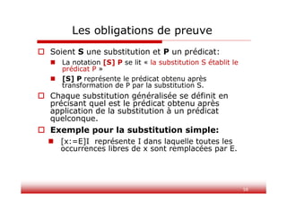 Les obligations de preuve
 Soient S une substitution et P un prédicat:
 La notation [S] P se lit « la substitution S établit le
prédicat P »
 [S] P représente le prédicat obtenu après
transformation de P par la substitution S.
 Chaque substitution généralisée se définit en
précisant quel est le prédicat obtenu après
application de la substitution à un prédicat
quelconque.
 Exemple pour la substitution simple:
 [x:=E]I représente I dans laquelle toutes les
occurrences libres de x sont remplacées par E.
58
 