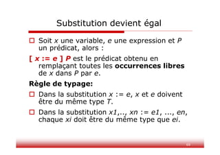 69
Substitution devient égal
 Soit x une variable, e une expression et P
un prédicat, alors :
[ x := e ] P est le prédicat obtenu en
remplaçant toutes les occurrences libres
de x dans P par e.
Règle de typage:
 Dans la substitution x := e, x et e doivent
être du même type T.
 Dans la substitution x1,.., xn := e1, ..., en,
chaque xi doit être du même type que ei.
 