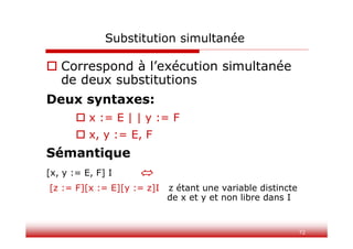 72
Substitution simultanée
 Correspond à l’exécution simultanée
de deux substitutions
Deux syntaxes:
 x := E | | y := F
 x, y := E, F
Sémantique
[x, y := E, F] I 
[z := F][x := E][y := z]I z étant une variable distincte
de x et y et non libre dans I
 